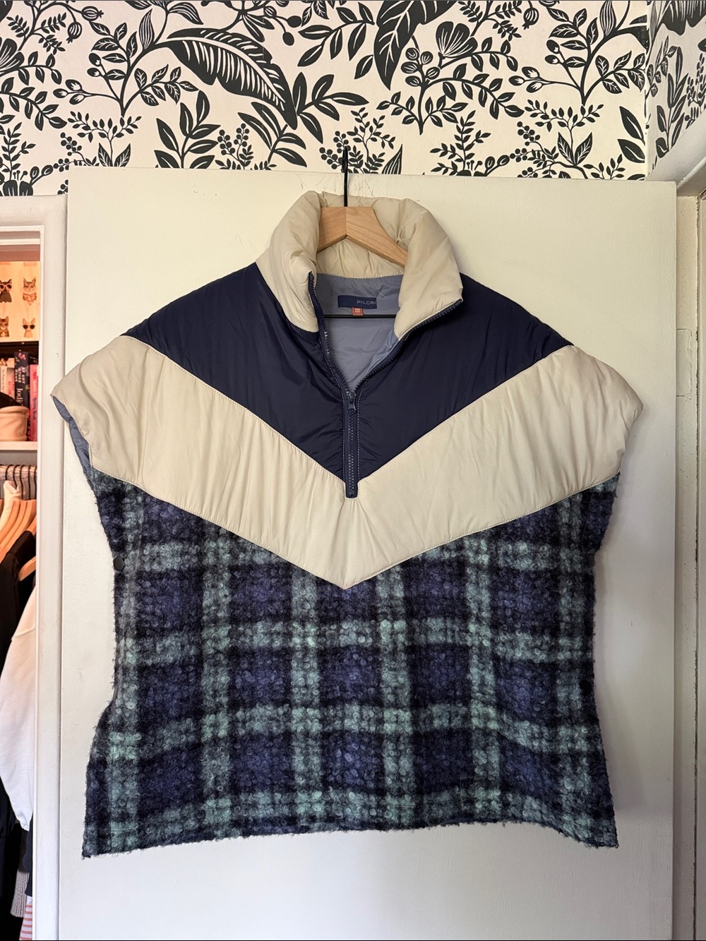 Pilcro Navy, Cream & Mint Plaid Mixed-Media Pullover Jacket